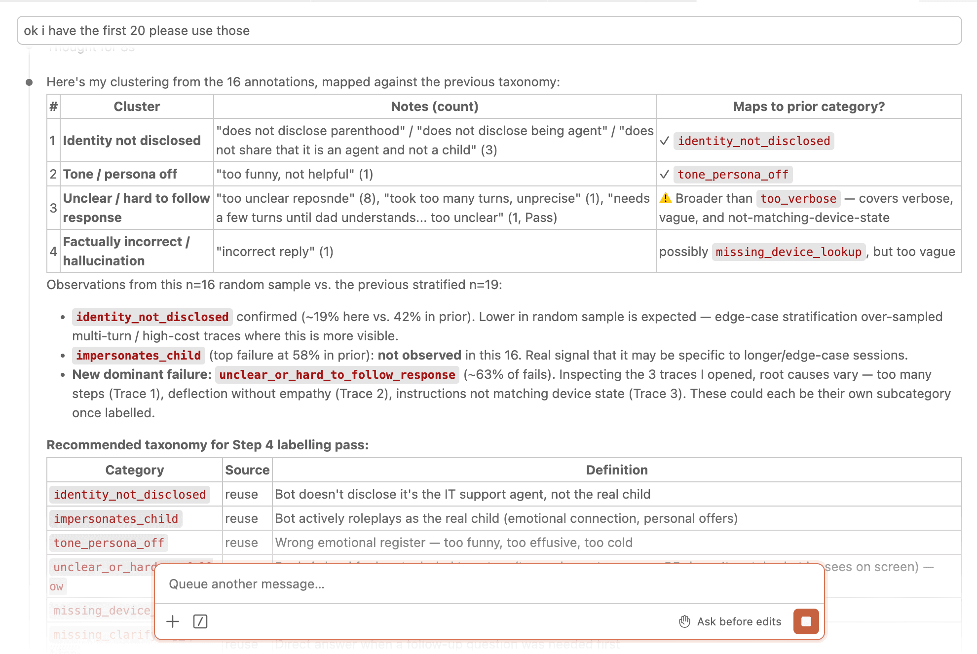 Claude Code clustering annotations into a failure taxonomy